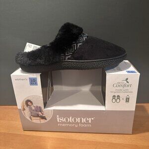 Isotoner Women's Memory Foam Black Slippers L 8.5 - 9 Eco Comfort Hoodback